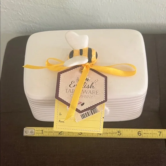 # 0596+ White Butter Dish with Yellow Bee Accent - Picture 6 of 8